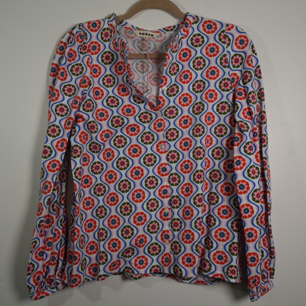 Boden‎ Button Down Top Womens 6 Multicolor Retro Floral Geometric Cotton T1520 - Picture 2 of 8